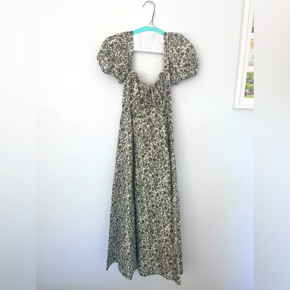 O.P.T. Floral midi dress - green - puff sleeve - XS - front slit - bust tie